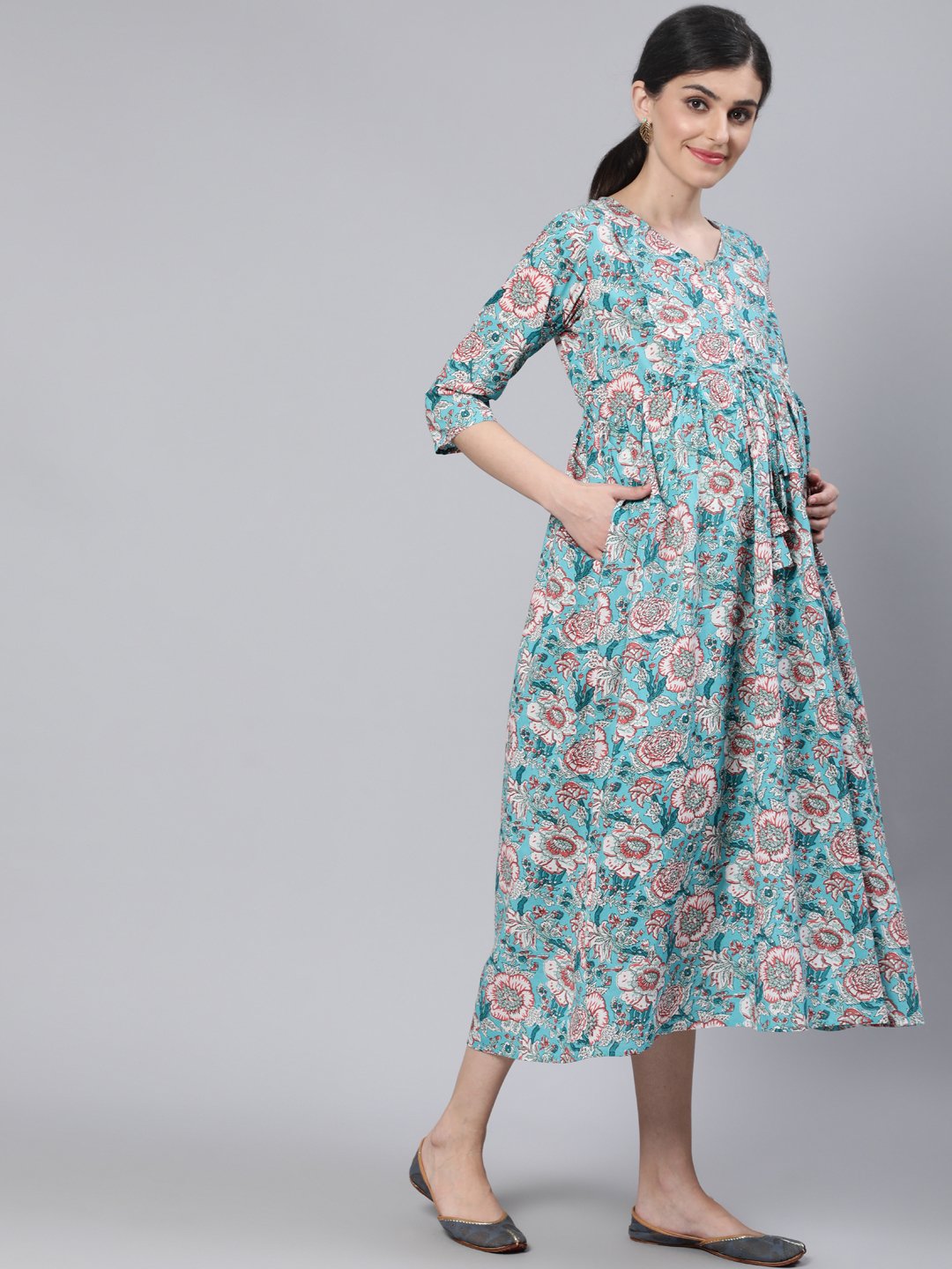 Women Blue Floral Printed Maternity Dress With Three Quarter Sleeves | NOZ2TOZ - Made In INDIA.