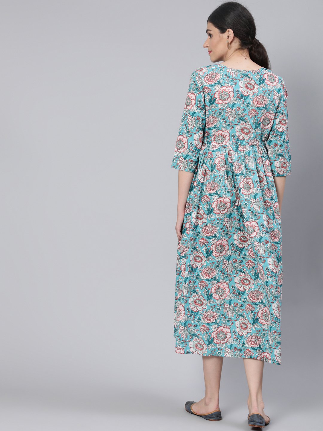 Women Blue Floral Printed Maternity Dress With Three Quarter Sleeves | NOZ2TOZ - Made In INDIA.