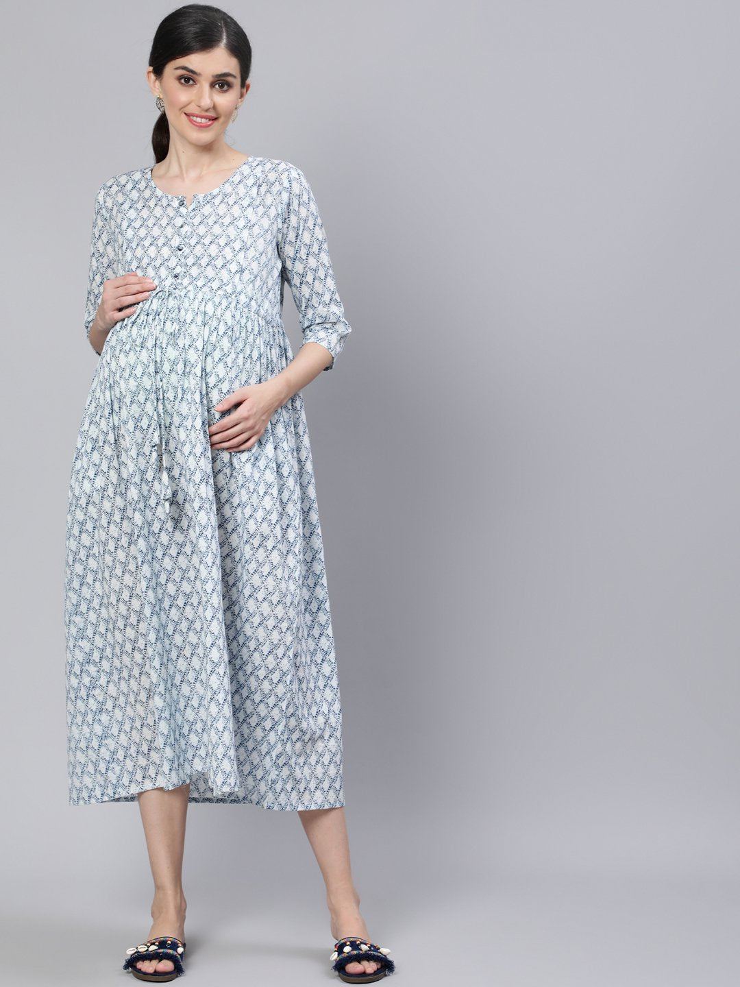 Women Off White & Blue Floral Printed Maternity Dress With Three Quarter Sleeves | NOZ2TOZ - Made In INDIA.