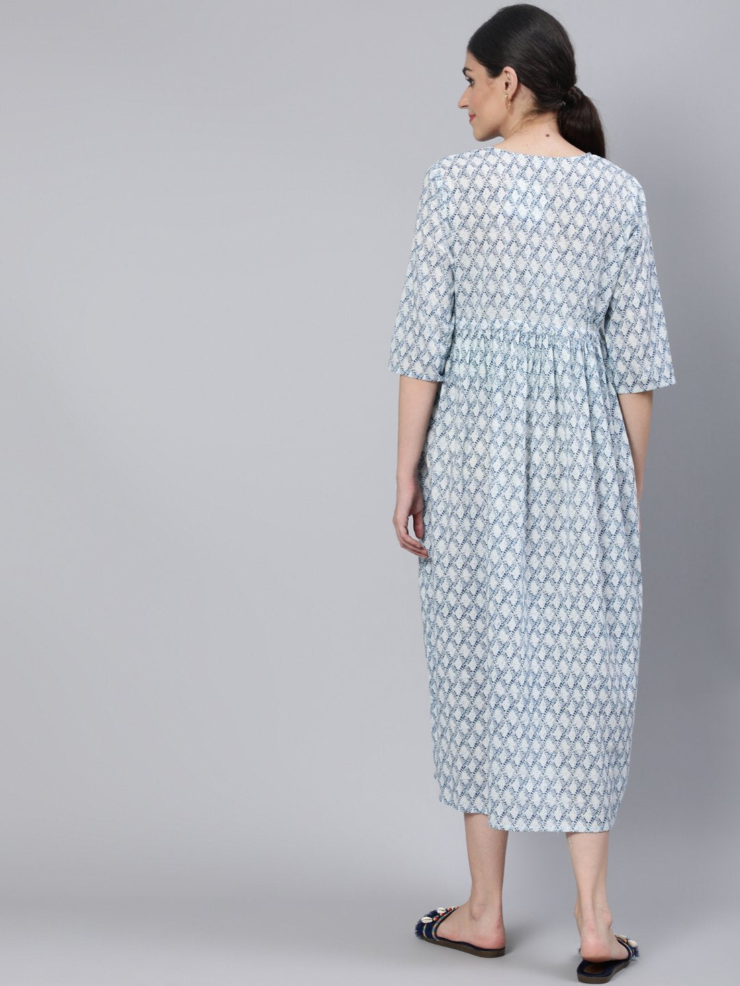 Women Off White & Blue Floral Printed Maternity Dress With Three Quarter Sleeves | NOZ2TOZ - Made In INDIA.