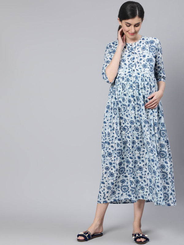 Women Off White & Blue Floral Printed Maternity Dress With Three Quarter Sleeves | NOZ2TOZ - Made In INDIA.