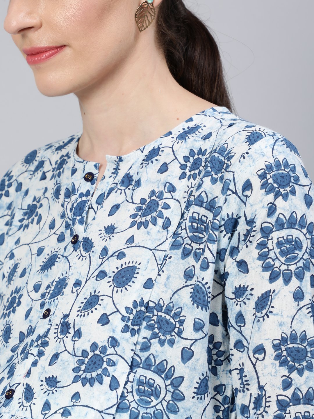 Women Off White & Blue Floral Printed Maternity Dress With Three Quarter Sleeves | NOZ2TOZ - Made In INDIA.