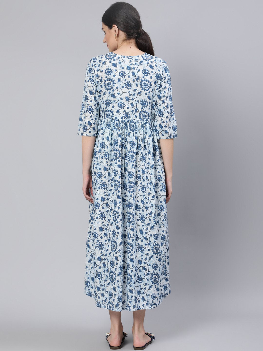 Women Off White & Blue Floral Printed Maternity Dress With Three Quarter Sleeves | NOZ2TOZ - Made In INDIA.