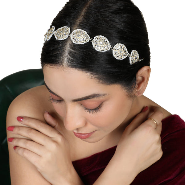 Women's/Girls Statement Gold Plated White Colored Pearl And Kundan Studded Leaf Shaped Matha Patti - Mode Mania