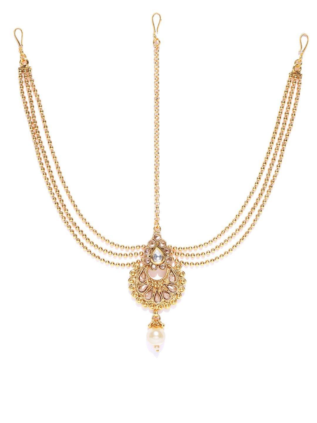 Women's Designer Gold Plated Maathapatti With Gold Bead Chain - Priyaasi - Indiakreations