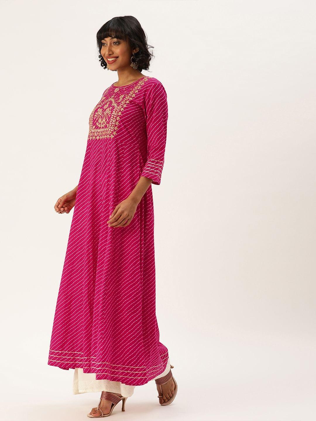 Women Magenta Pink & Gold-Toned Embroidered Anarkali Kurta - Indiakreations