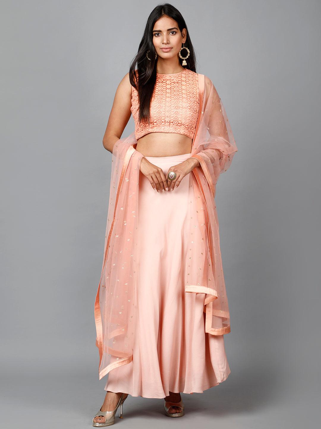 Women's Peach Cotton Lace Crop Top, Moss Crepe Flare Skirt And Embroidered Net Dupatta - MIRACOLOS by Ruchi - Indiakreations