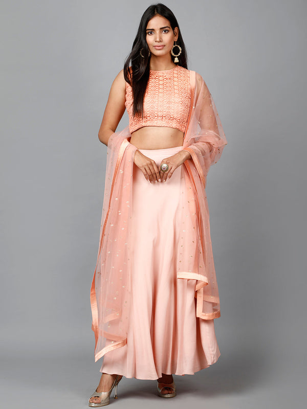 Women's Peach Cotton Lace Crop Top, Moss Crepe Flare Skirt And Embroidered Net Dupatta - MIRACOLOS by Ruchi