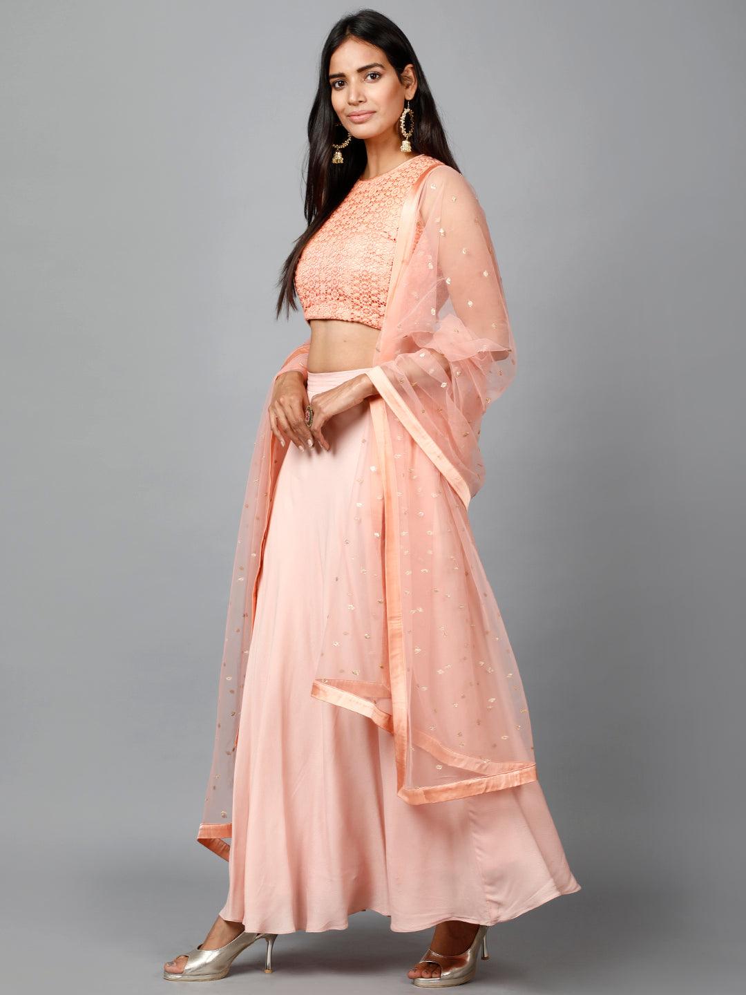 Women's Peach Cotton Lace Crop Top, Moss Crepe Flare Skirt And Embroidered Net Dupatta - MIRACOLOS by Ruchi - Indiakreations