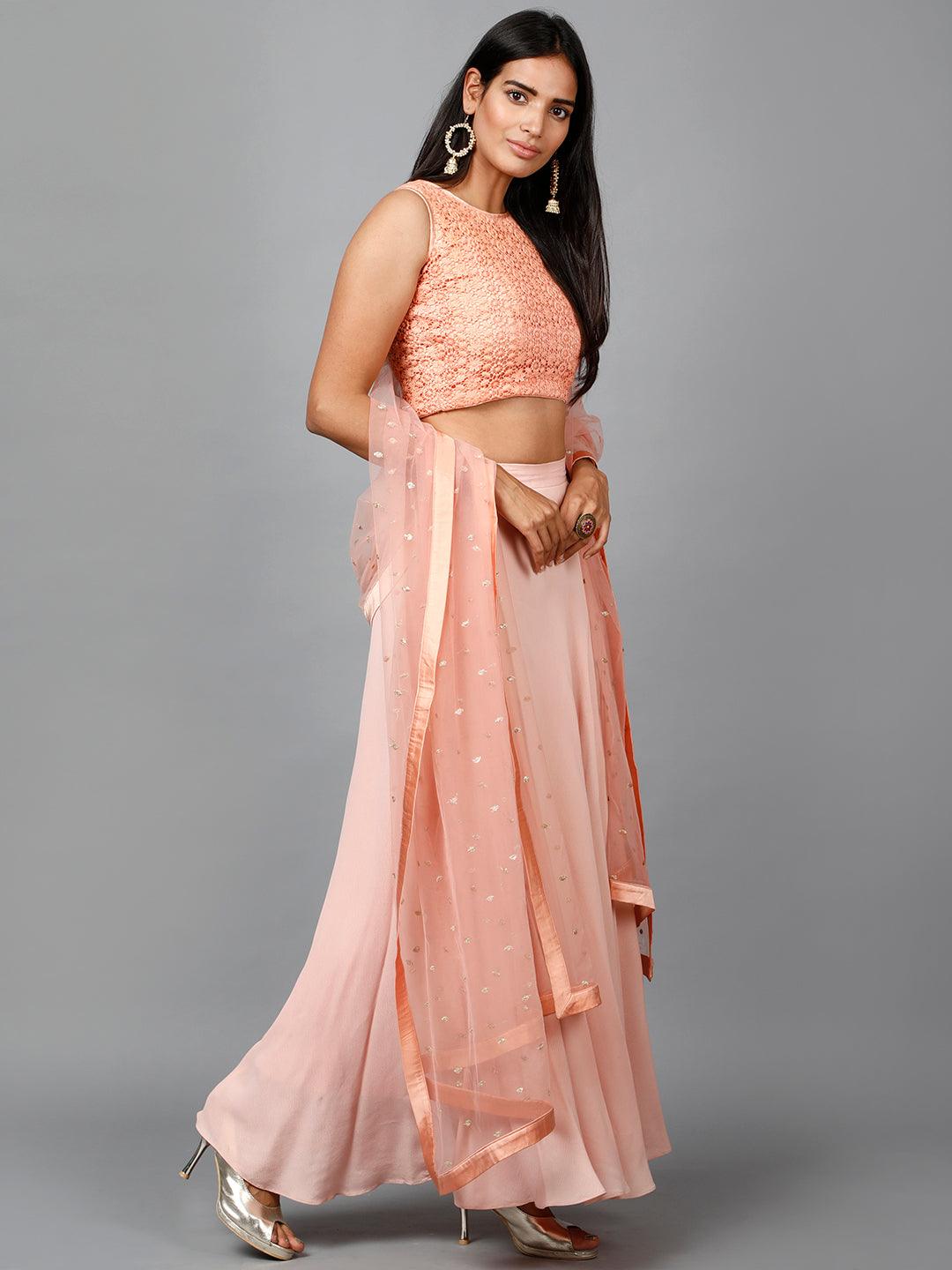 Women's Peach Cotton Lace Crop Top, Moss Crepe Flare Skirt And Embroidered Net Dupatta - MIRACOLOS by Ruchi - Indiakreations