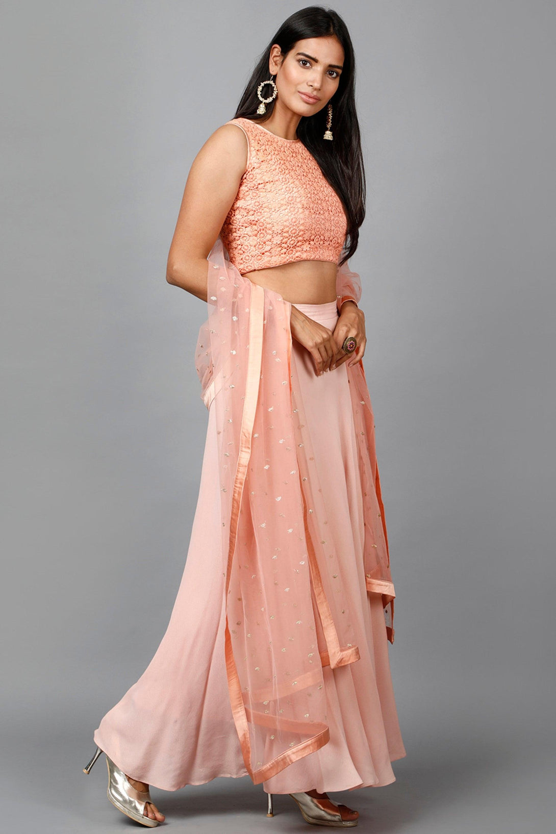 Women's Peach Cotton Lace Crop Top, Moss Crepe Flare Skirt And Embroidered Net Dupatta - MIRACOLOS by Ruchi - Indiakreations