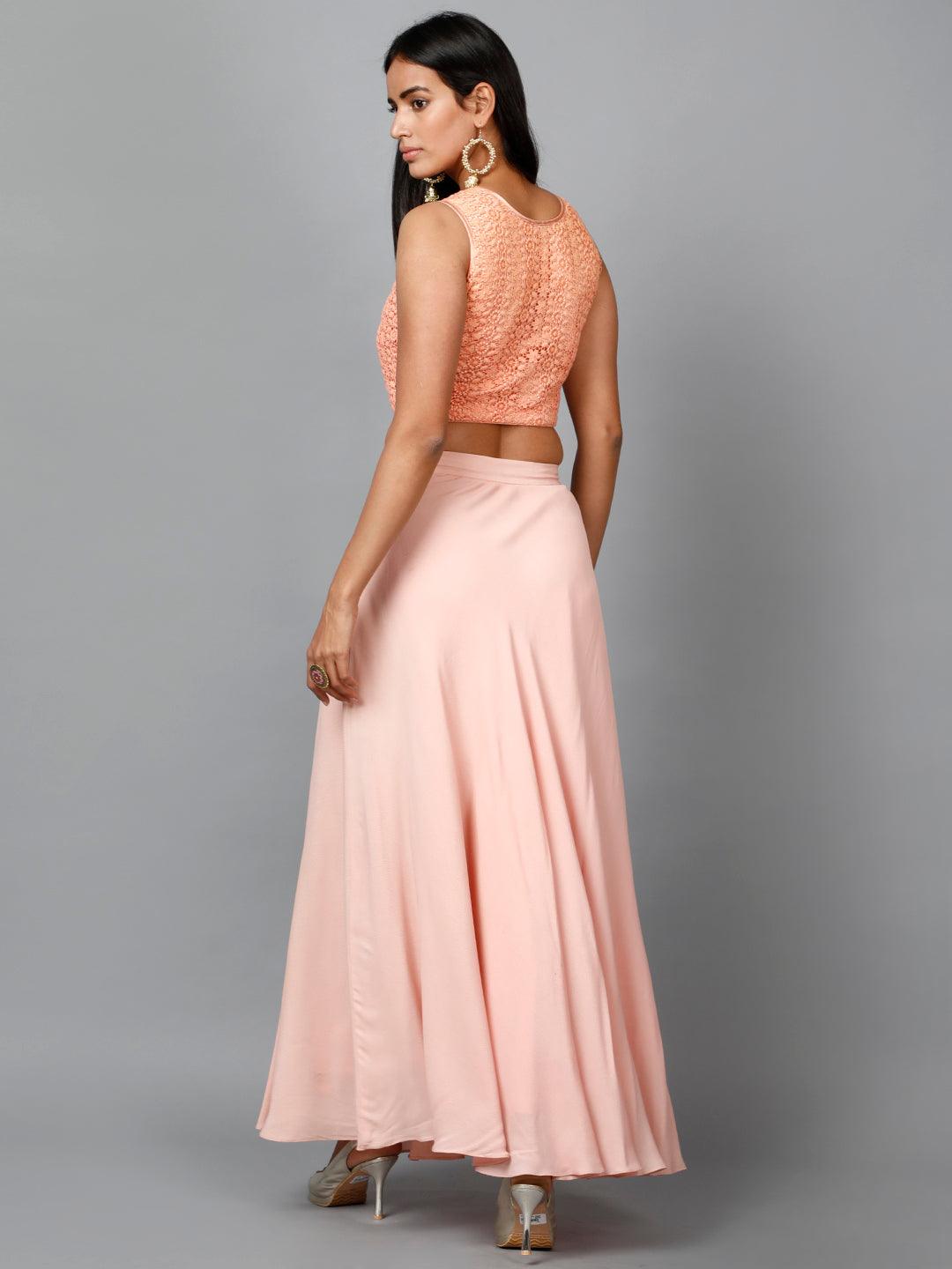 Women's Peach Cotton Lace Crop Top, Moss Crepe Flare Skirt And Embroidered Net Dupatta - MIRACOLOS by Ruchi - Indiakreations