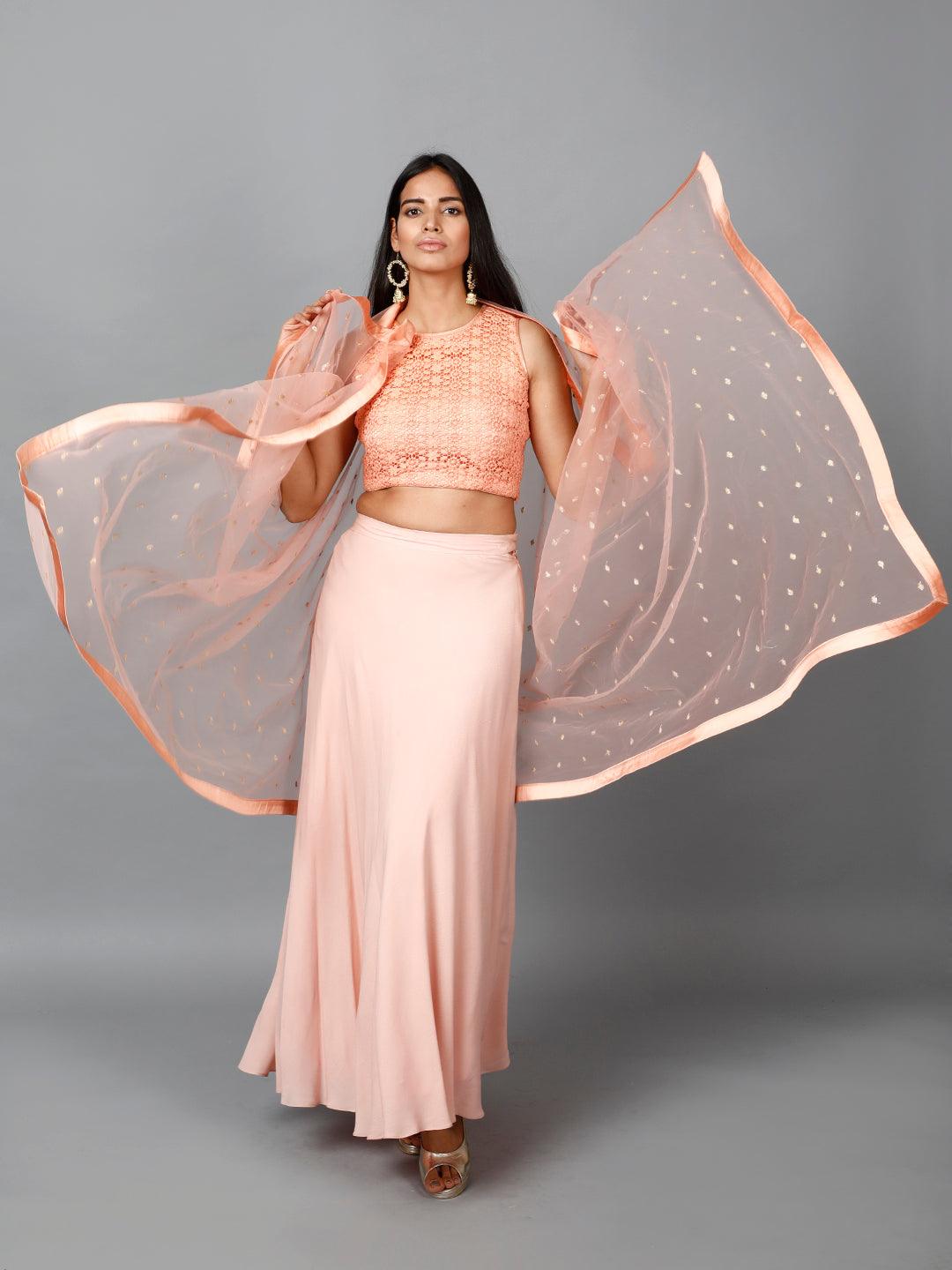 Women's Peach Cotton Lace Crop Top, Moss Crepe Flare Skirt And Embroidered Net Dupatta - MIRACOLOS by Ruchi - Indiakreations