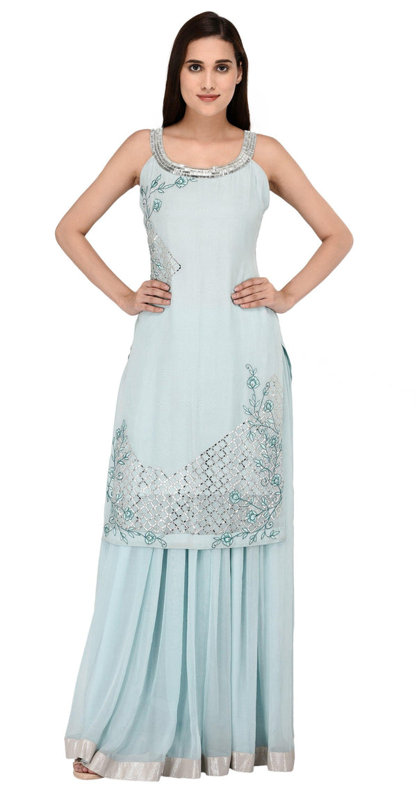 Women's Light Blue Embroidered Halter Neck Kurta With Georgette Lehanga Set - MIRACOLOS by Ruchi - Indiakreations