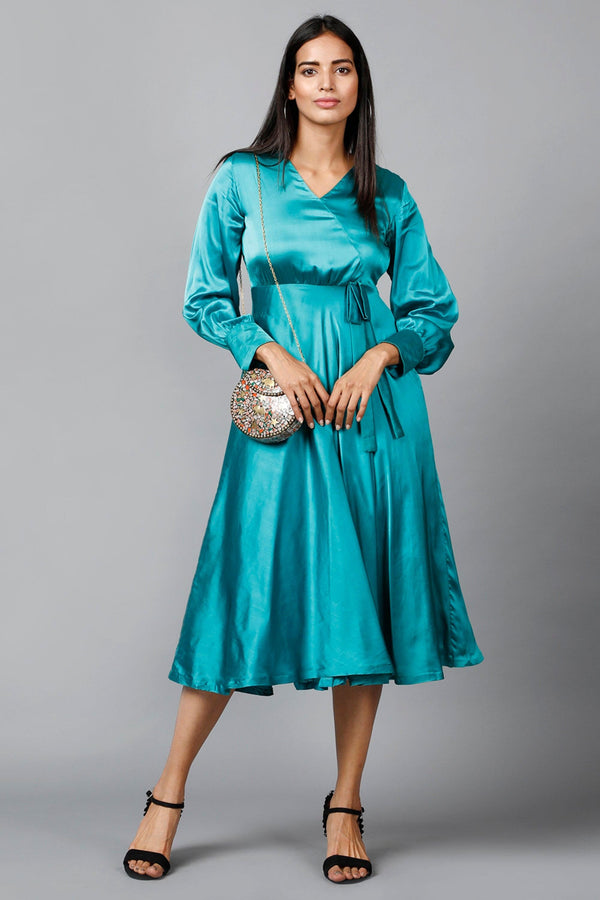 Women's Empire Line With Cuff Satin Wrap Dress Green - MIRACOLOS by Ruchi - Indiakreations