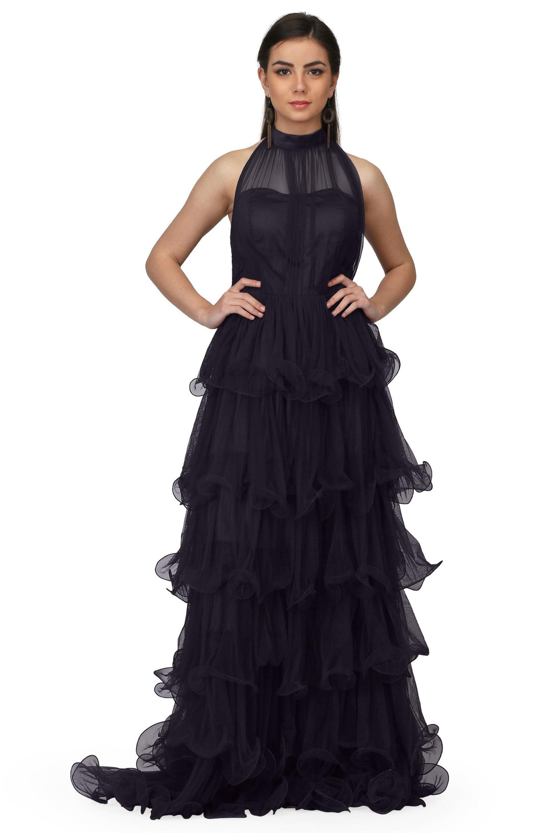 Women's Halter Neck Drape Net Corset Gown In Black - MIRACOLOS by Ruchi - Indiakreations