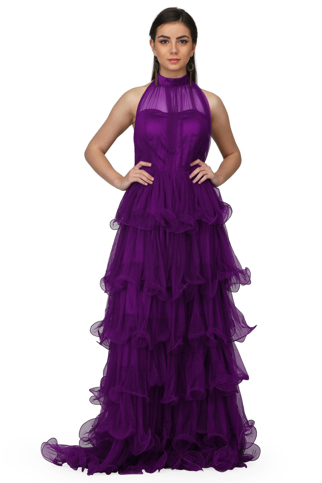 Women's Halter Neck Drape Net Corset Gown In Purple - MIRACOLOS by Ruchi - Indiakreations