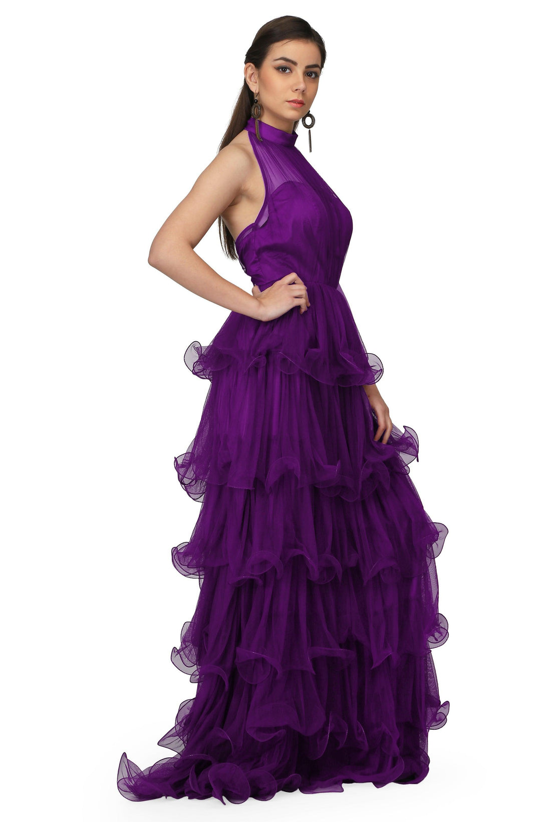 Women's Halter Neck Drape Net Corset Gown In Purple - MIRACOLOS by Ruchi - Indiakreations