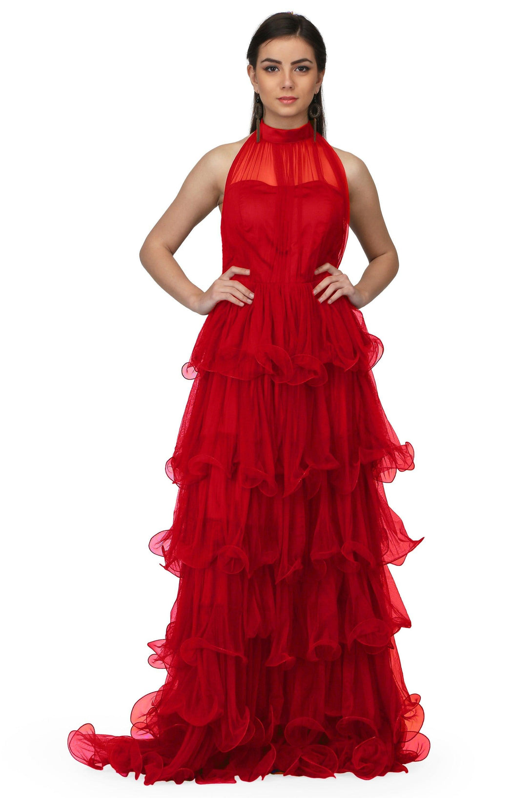 Women's Halter Neck Drape Net Corset Gown In Red - MIRACOLOS by Ruchi - Indiakreations