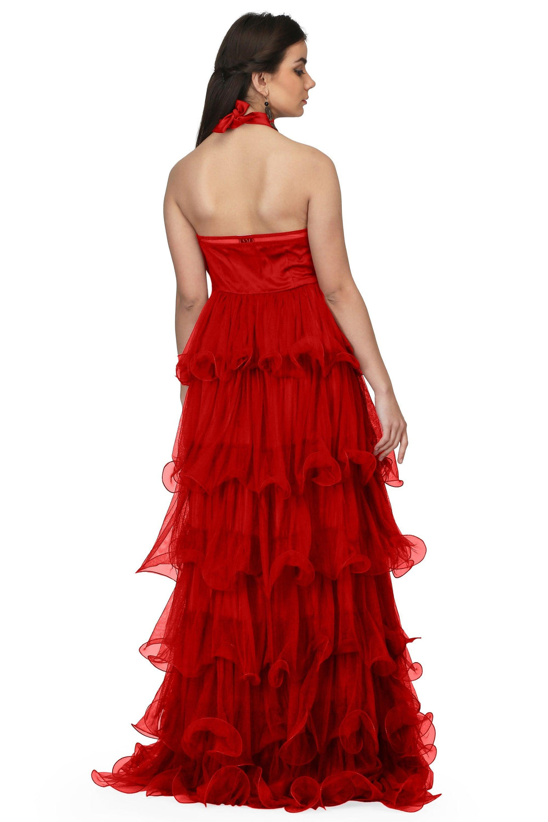 Women's Halter Neck Drape Net Corset Gown In Red - MIRACOLOS by Ruchi - Indiakreations