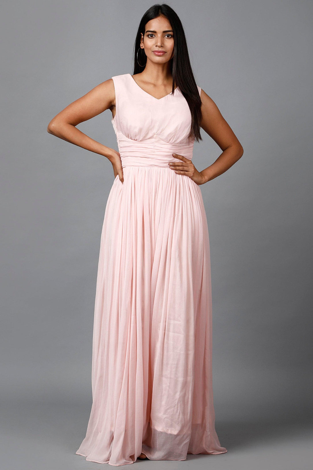 Women's Sleeveless V- Neck Draped Light Pink Chiffon Evening Maxi Gown - MIRACOLOS by Ruchi - Indiakreations