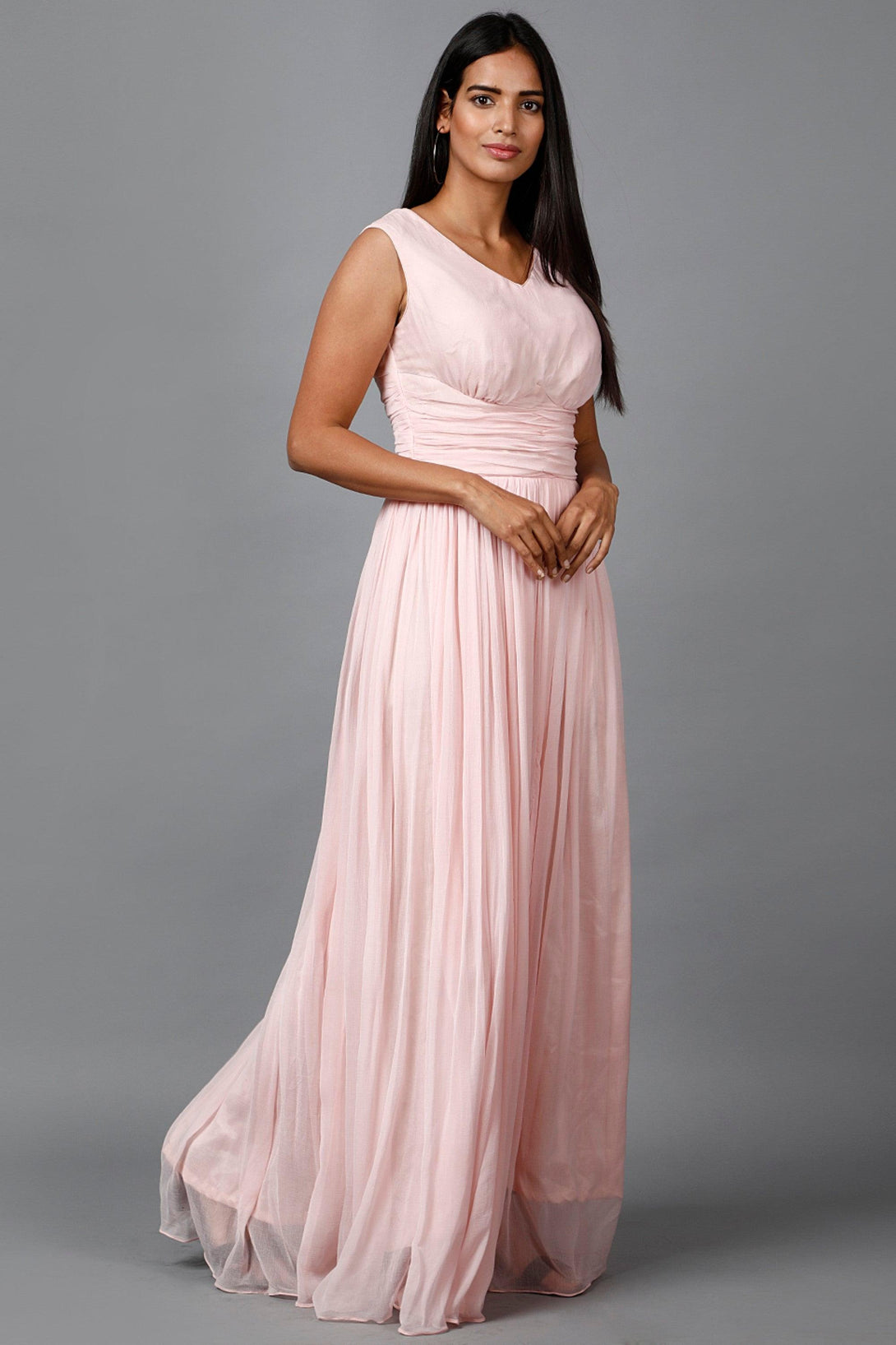 Women's Sleeveless V- Neck Draped Light Pink Chiffon Evening Maxi Gown - MIRACOLOS by Ruchi - Indiakreations