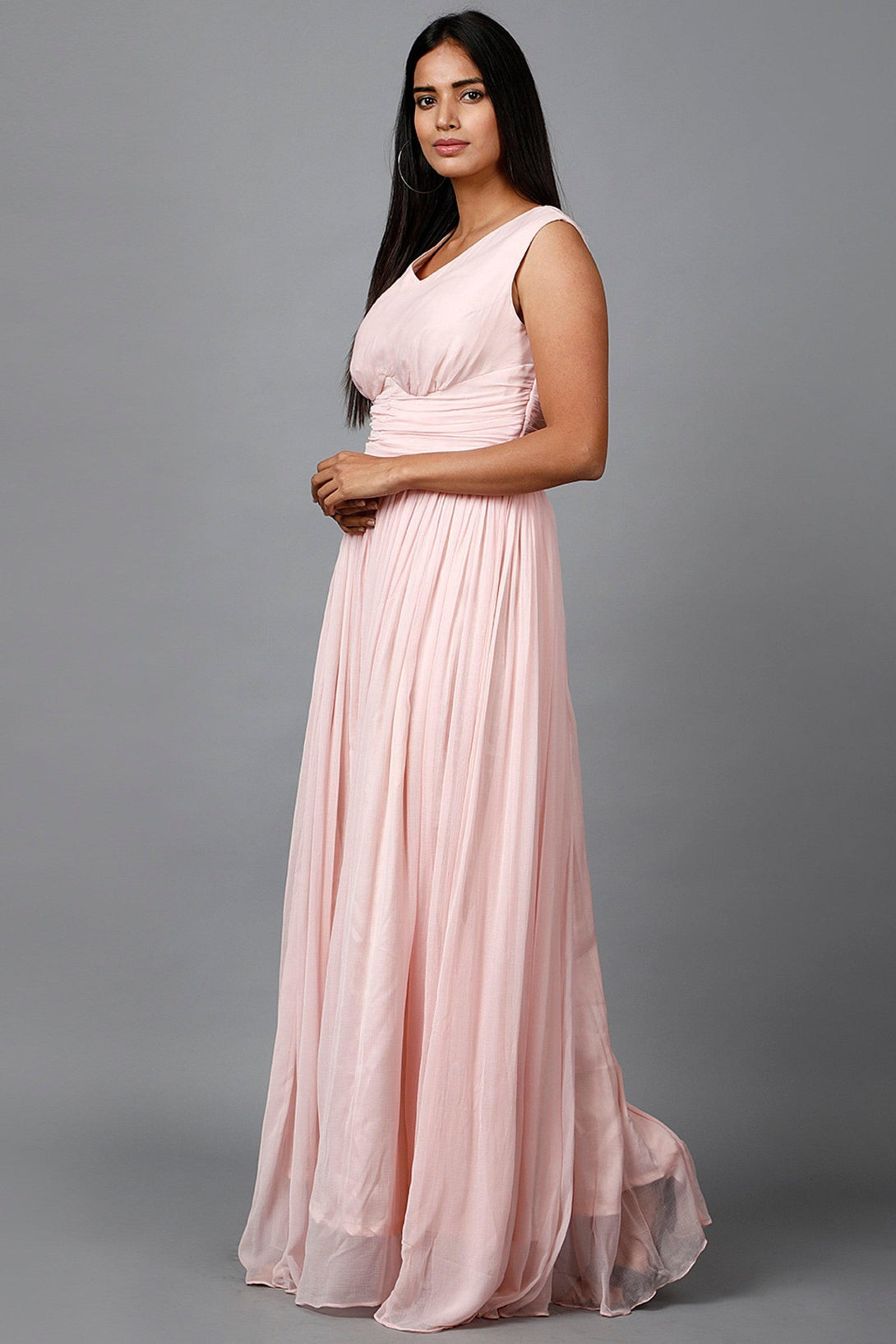 Women's Sleeveless V- Neck Draped Light Pink Chiffon Evening Maxi Gown - MIRACOLOS by Ruchi - Indiakreations