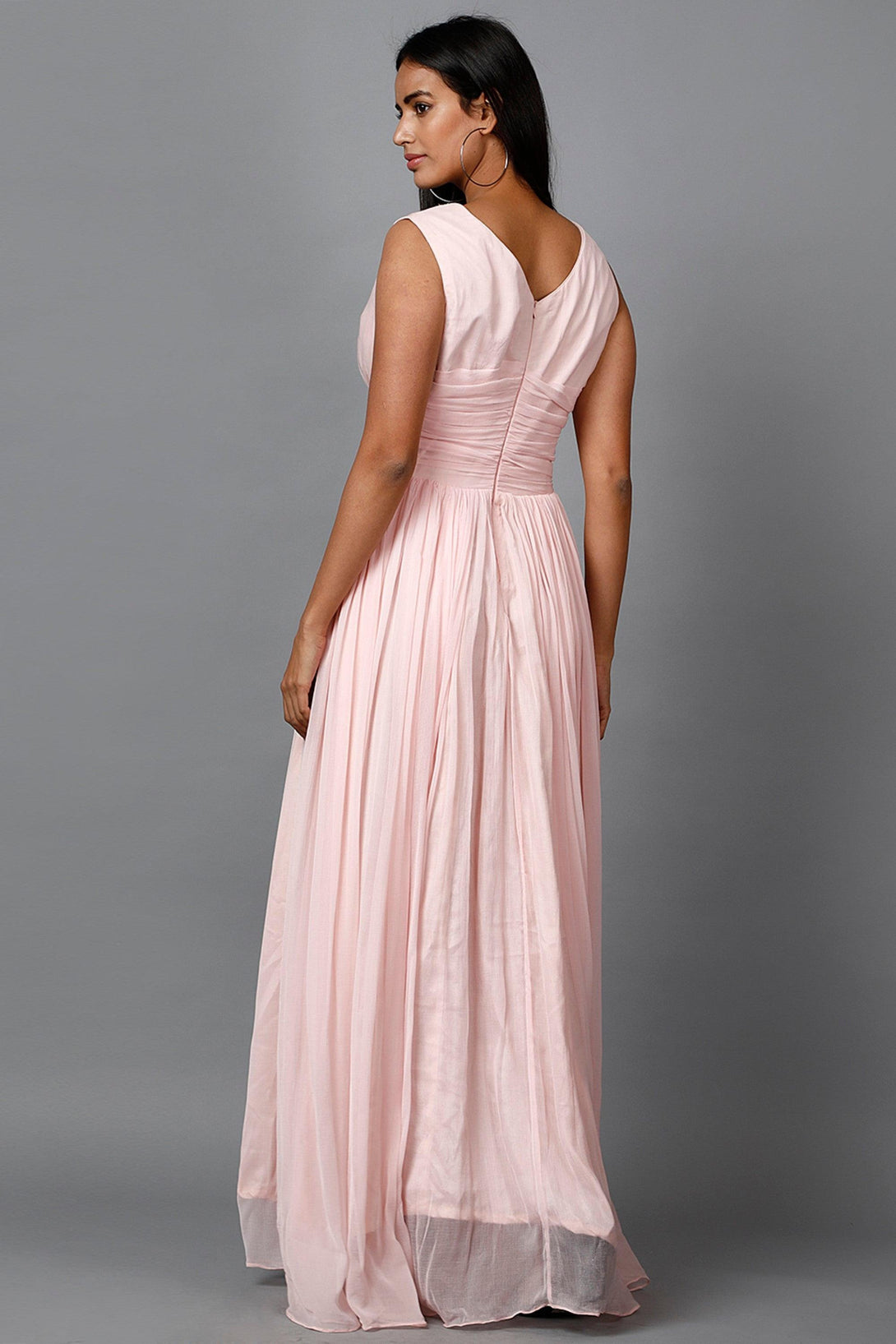 Women's Sleeveless V- Neck Draped Light Pink Chiffon Evening Maxi Gown - MIRACOLOS by Ruchi - Indiakreations