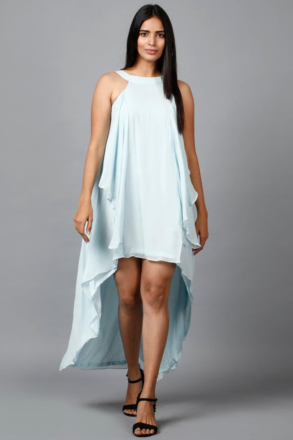 Women's Halter Neck Ruffle Drape Georgette Dress In Light Blue - MIRACOLOS by Ruchi - Indiakreations