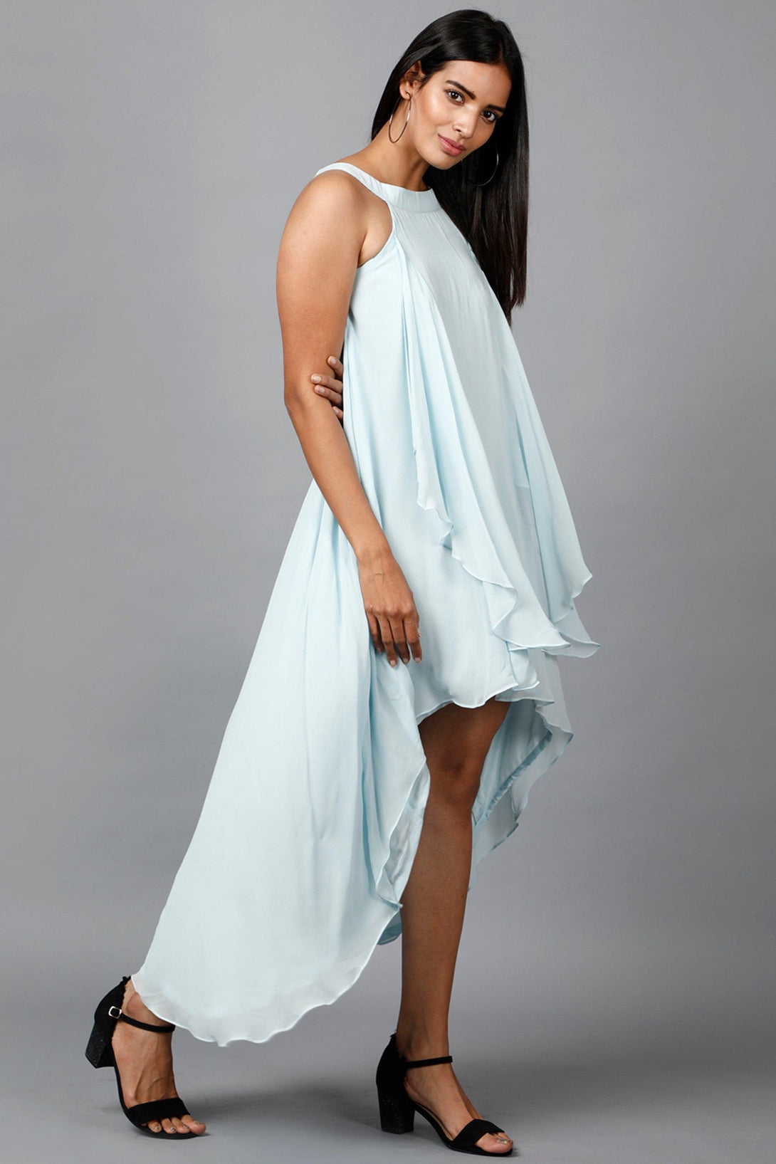 Women's Halter Neck Ruffle Drape Georgette Dress In Light Blue - MIRACOLOS by Ruchi - Indiakreations