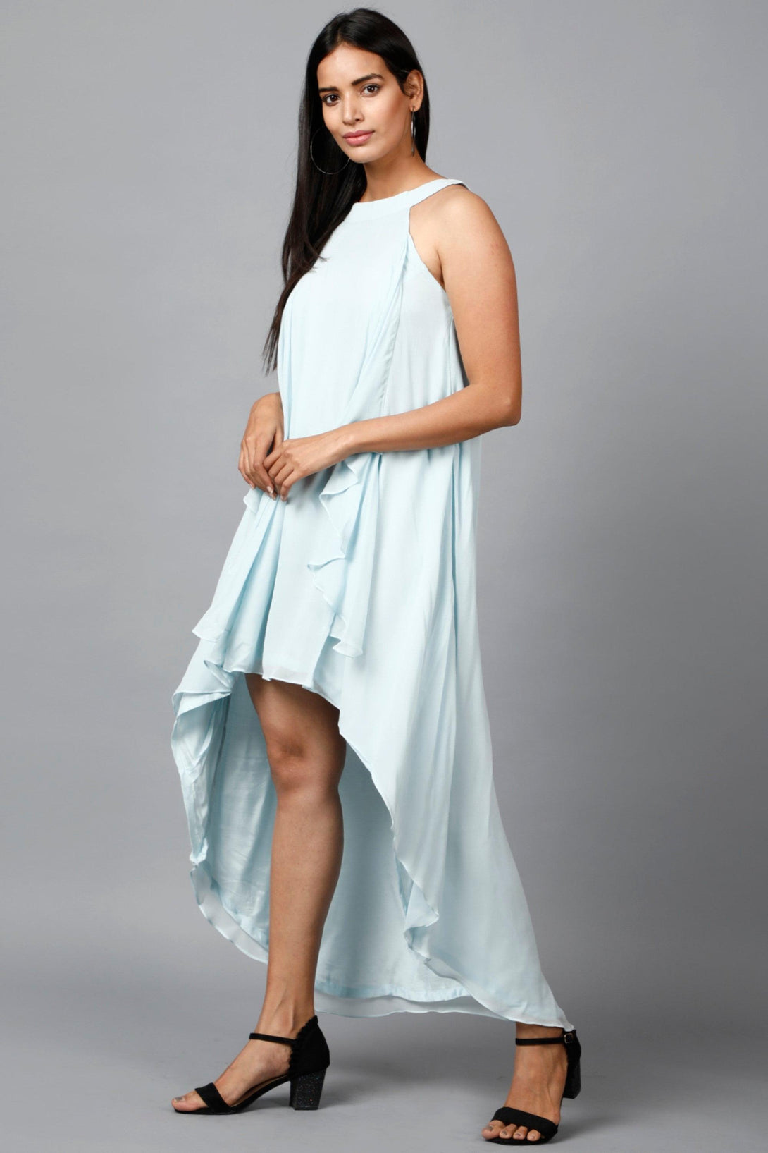 Women's Halter Neck Ruffle Drape Georgette Dress In Light Blue - MIRACOLOS by Ruchi - Indiakreations