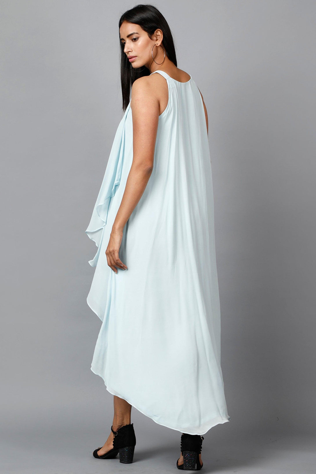 Women's Halter Neck Ruffle Drape Georgette Dress In Light Blue - MIRACOLOS by Ruchi - Indiakreations