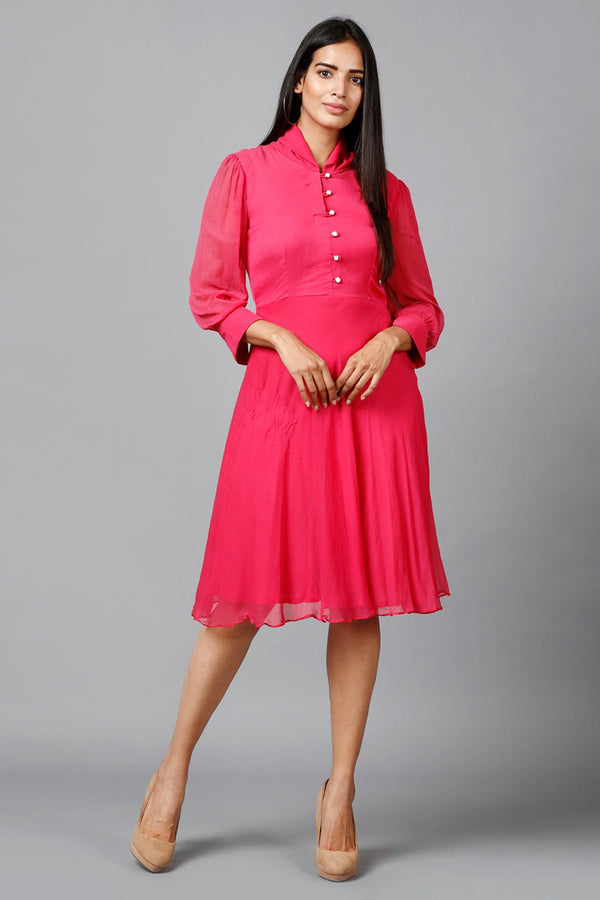 Women's Pink Chiiffon Casual Midi Dress - MIRACOLOS by Ruchi - Indiakreations