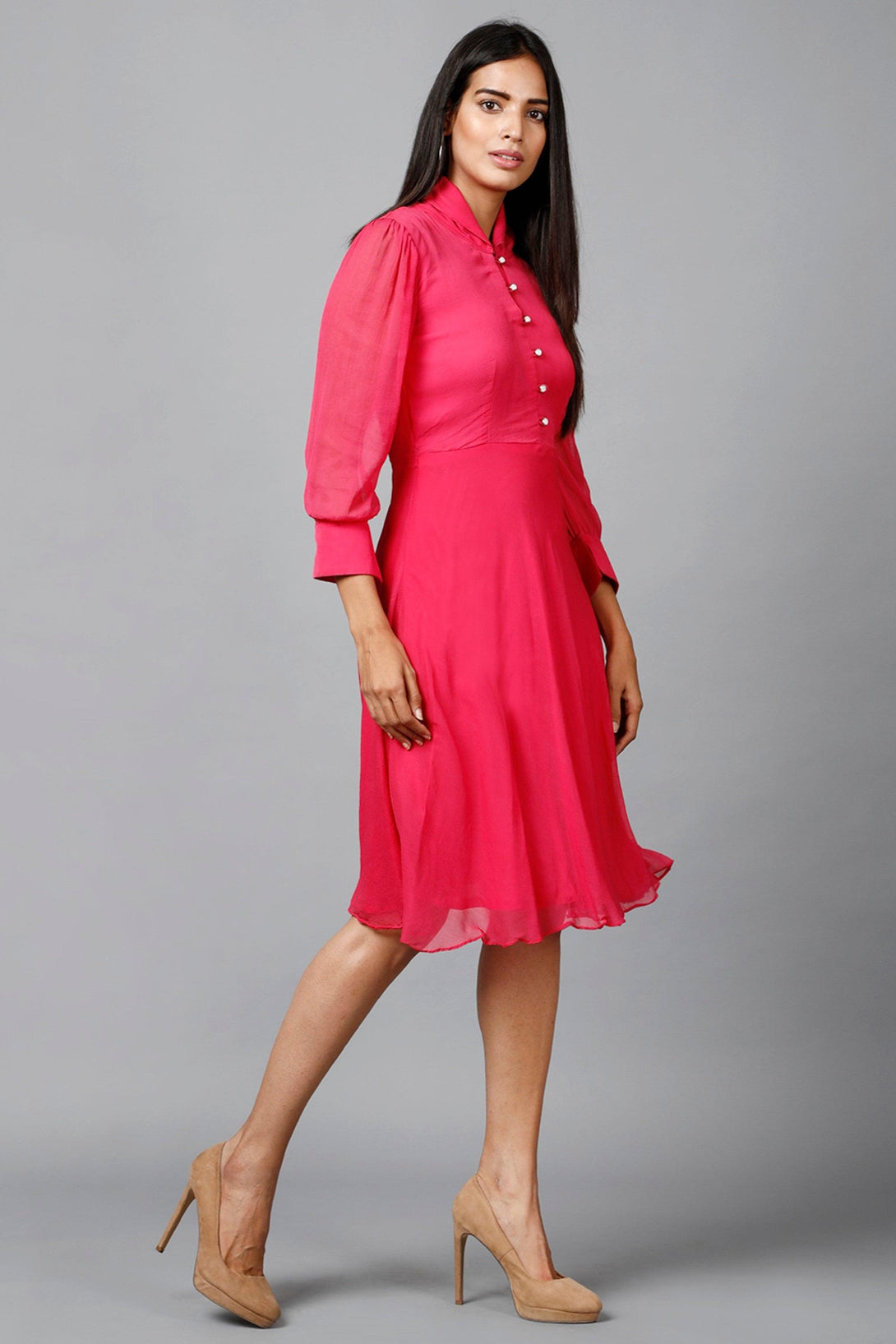 Women's Pink Chiiffon Casual Midi Dress - MIRACOLOS by Ruchi - Indiakreations