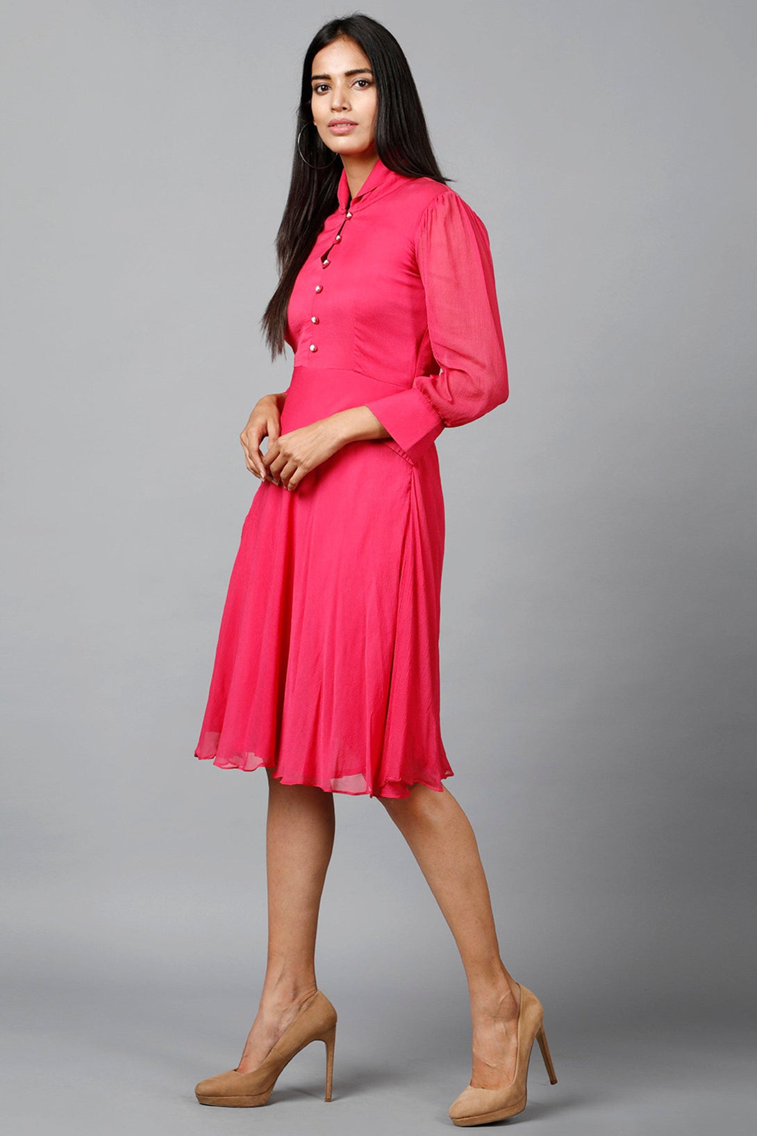 Women's Pink Chiiffon Casual Midi Dress - MIRACOLOS by Ruchi - Indiakreations