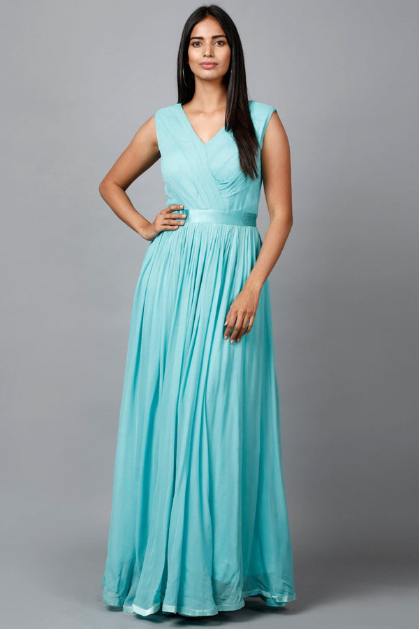 Women's Pleats Drape Georgette Gown In Blue - MIRACOLOS by Ruchi - Indiakreations