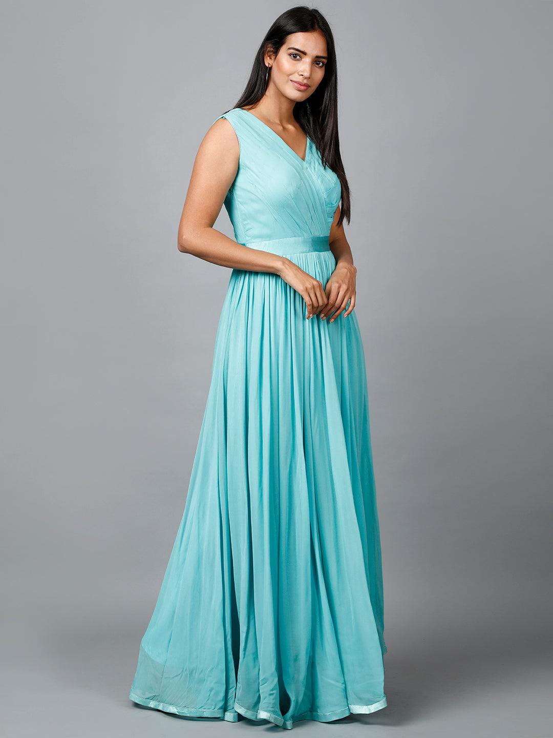 Women's Pleats Drape Georgette Gown In Blue - MIRACOLOS by Ruchi - Indiakreations