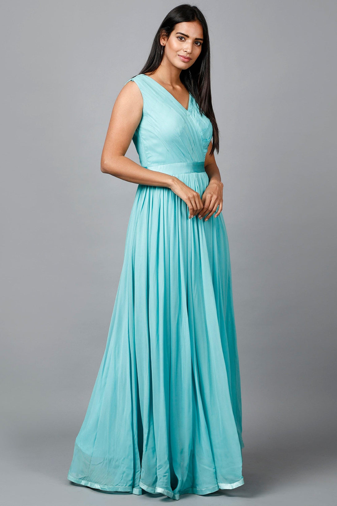 Women's Pleats Drape Georgette Gown In Blue - MIRACOLOS by Ruchi - Indiakreations