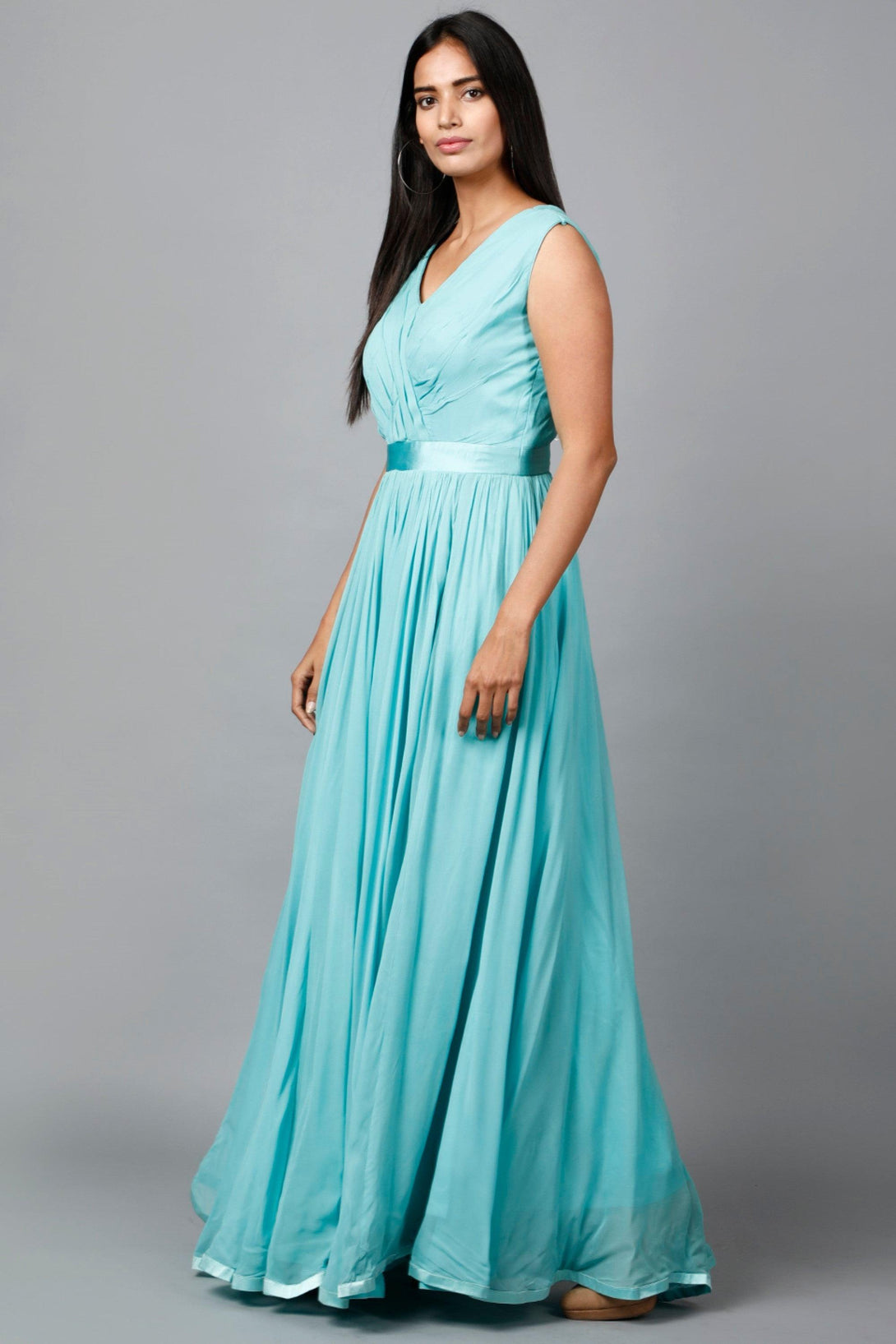 Women's Pleats Drape Georgette Gown In Blue - MIRACOLOS by Ruchi - Indiakreations