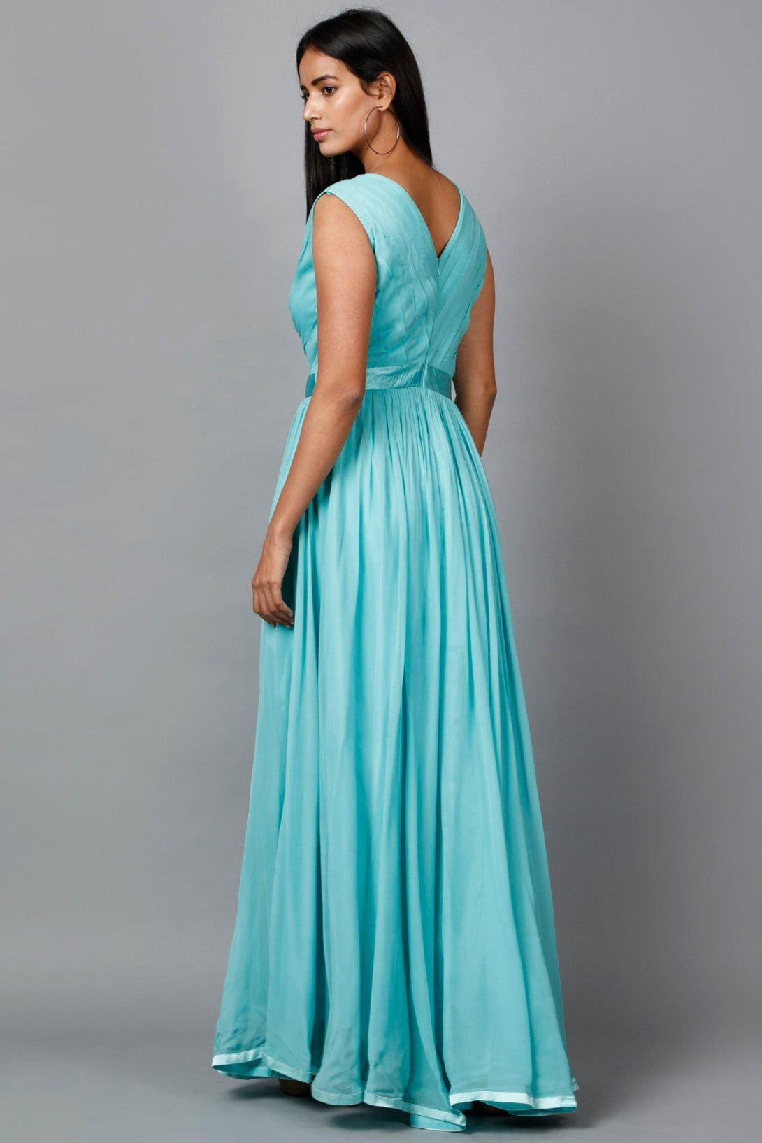 Women's Pleats Drape Georgette Gown In Blue - MIRACOLOS by Ruchi - Indiakreations