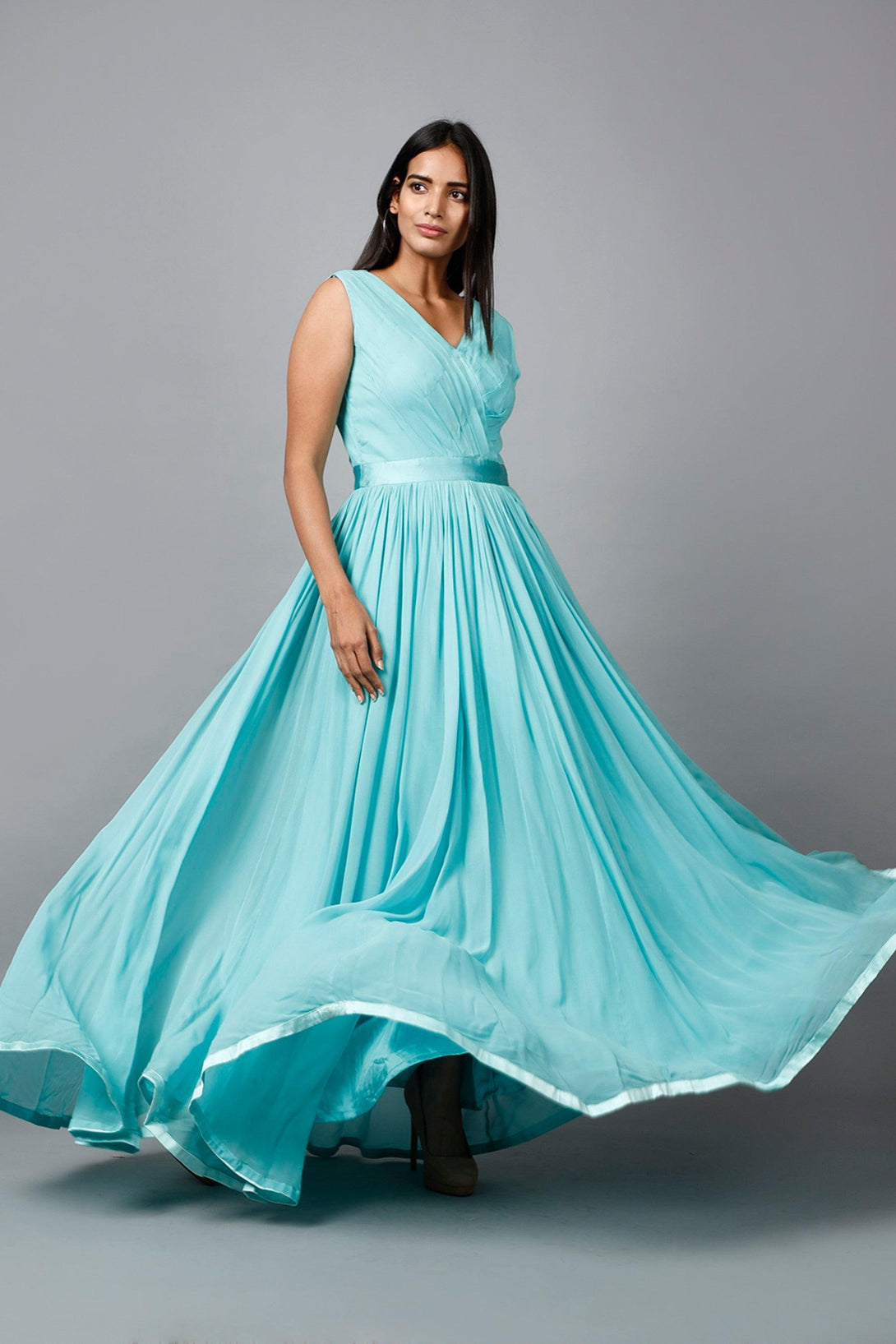 Women's Pleats Drape Georgette Gown In Blue - MIRACOLOS by Ruchi - Indiakreations