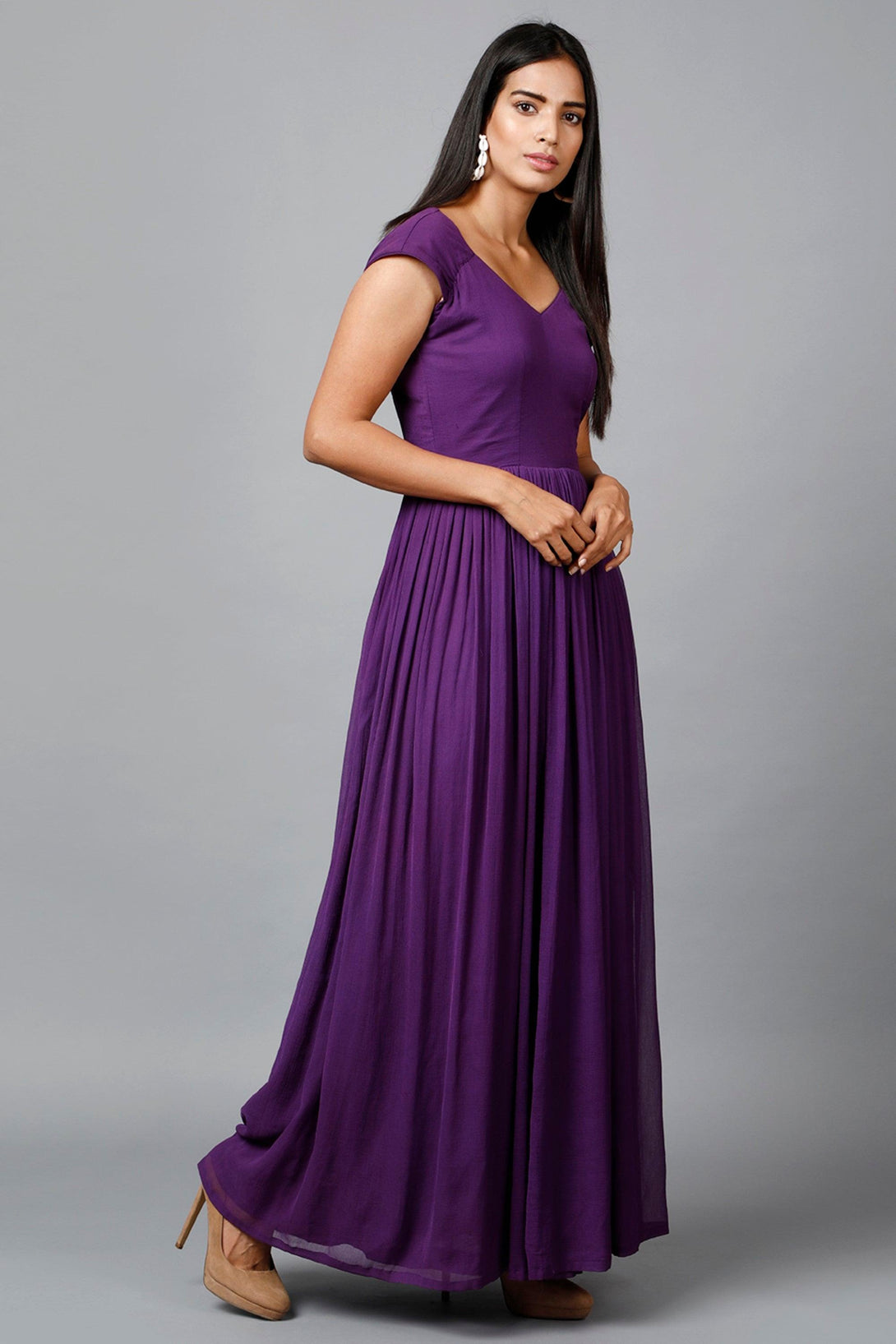 Women's Drape Chiffon Gown In Purple - MIRACOLOS by Ruchi - Indiakreations