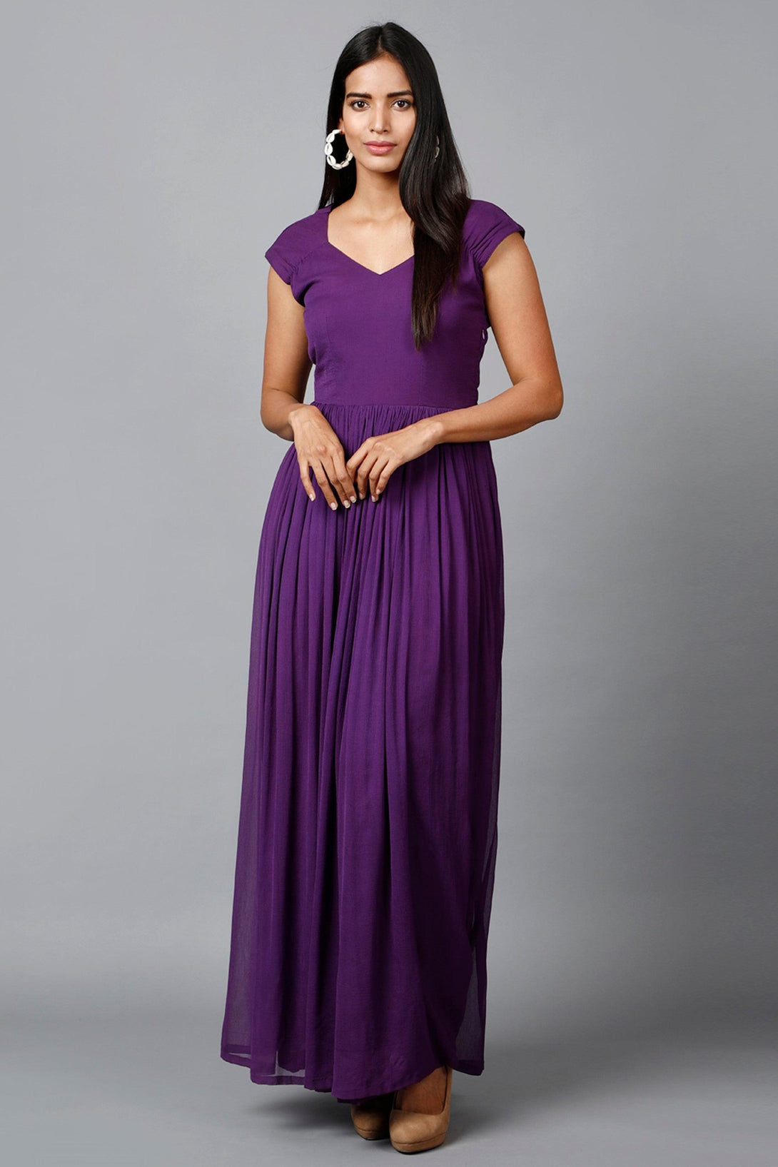 Women's Drape Chiffon Gown In Purple - MIRACOLOS by Ruchi - Indiakreations