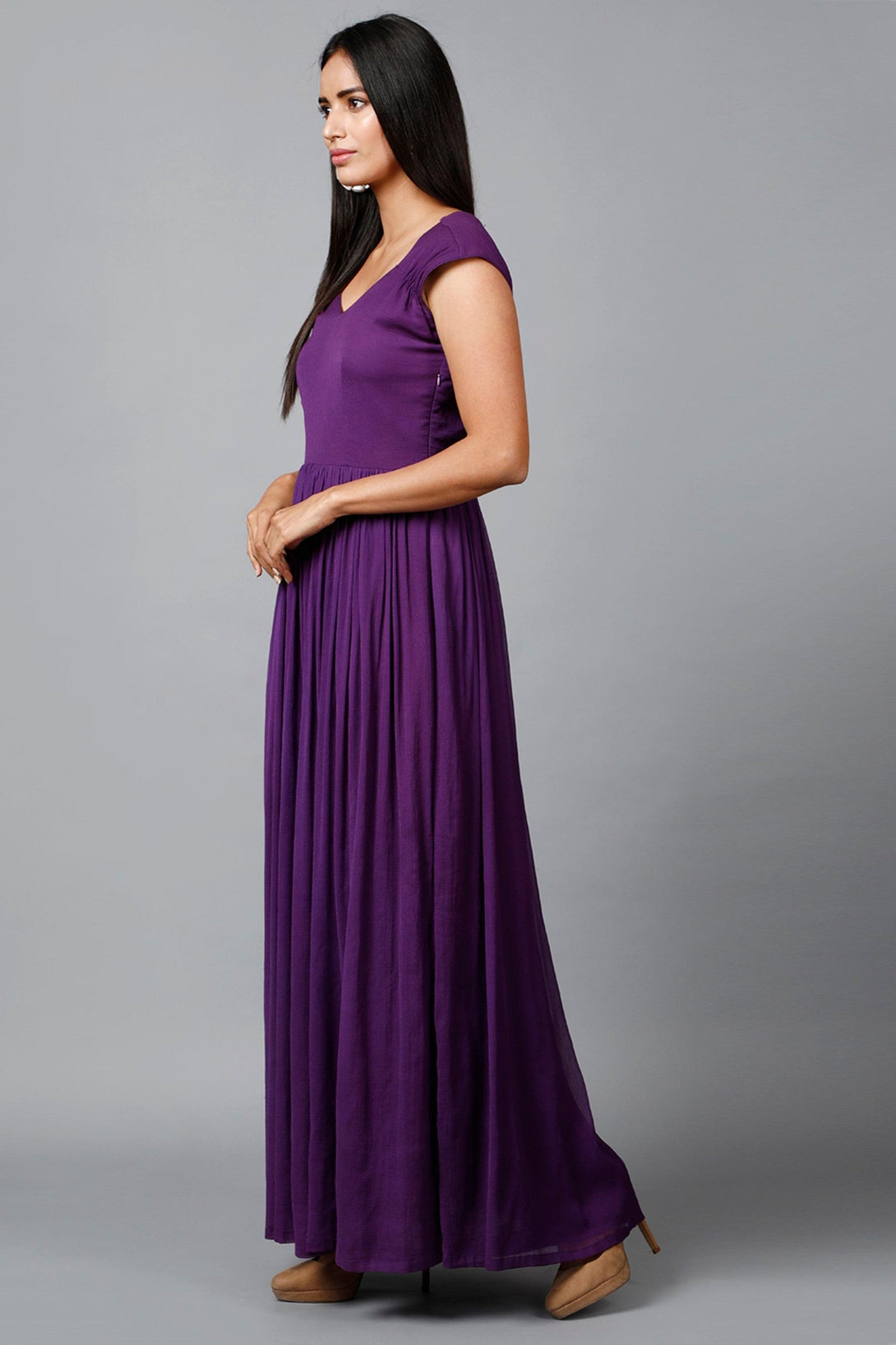 Women's Drape Chiffon Gown In Purple - MIRACOLOS by Ruchi - Indiakreations