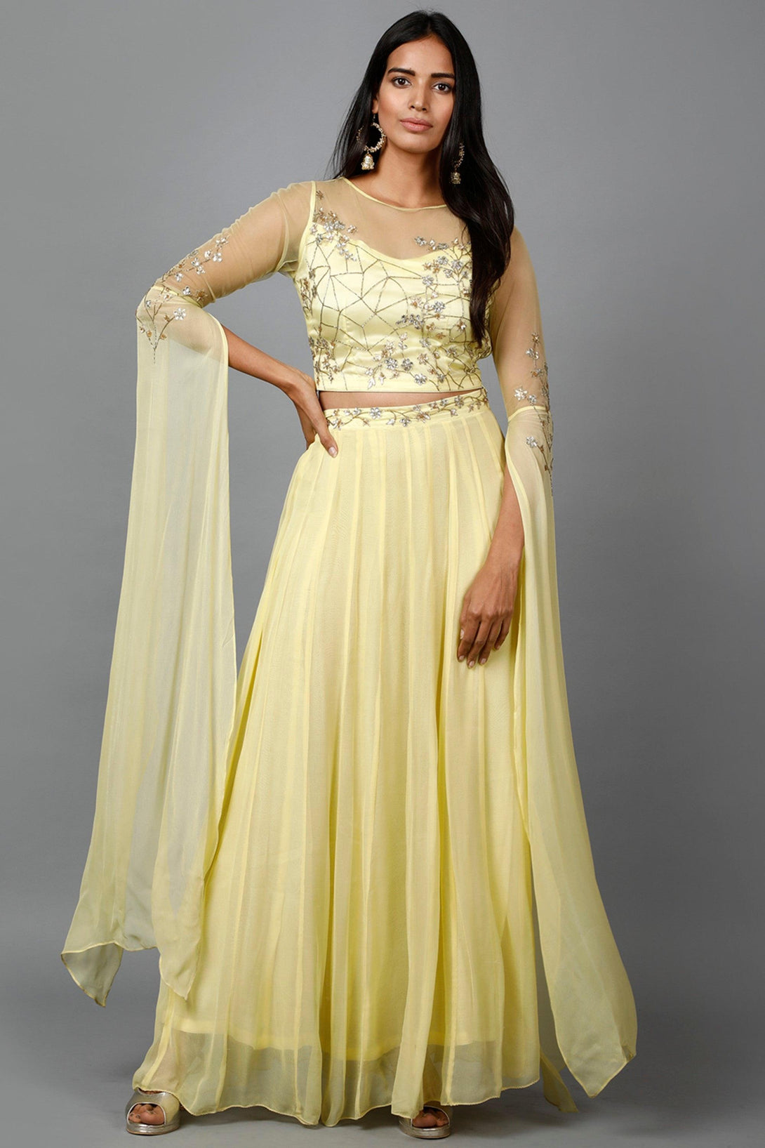 Women's Katdana Sequins Embroidered Wedding Lehenga In Lemon - MIRACOLOS by Ruchi - Indiakreations