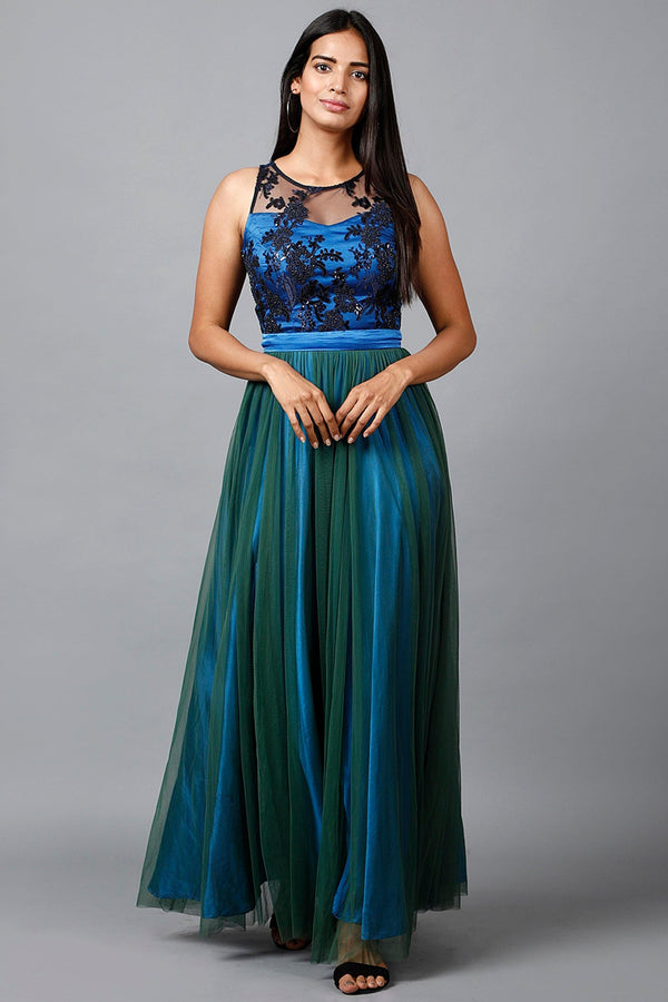 Women's Blue Green Net Gown - MIRACOLOS by Ruchi - Indiakreations