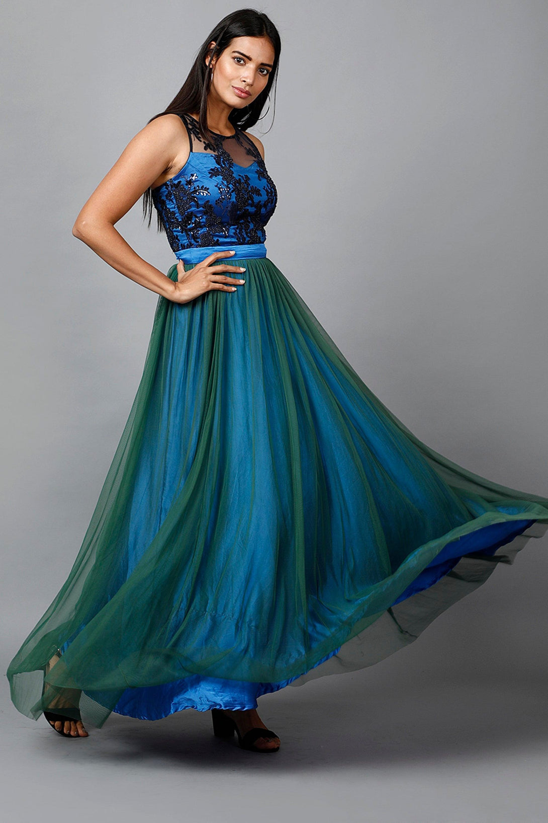 Women's Blue Green Net Gown - MIRACOLOS by Ruchi - Indiakreations