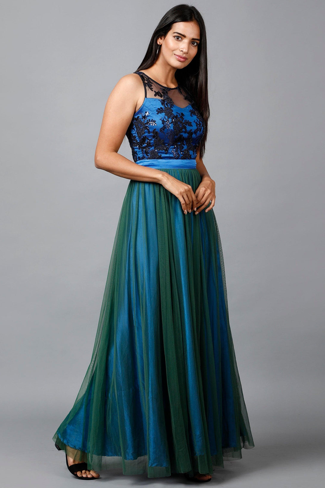 Women's Blue Green Net Gown - MIRACOLOS by Ruchi - Indiakreations