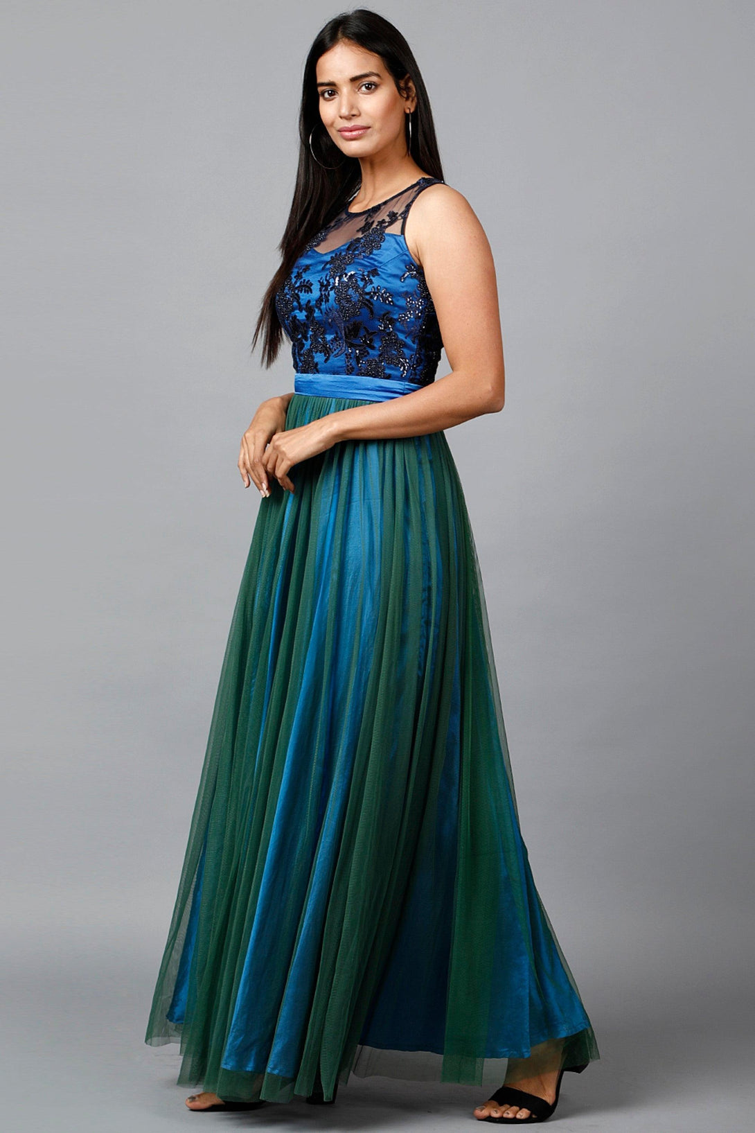 Women's Blue Green Net Gown - MIRACOLOS by Ruchi - Indiakreations