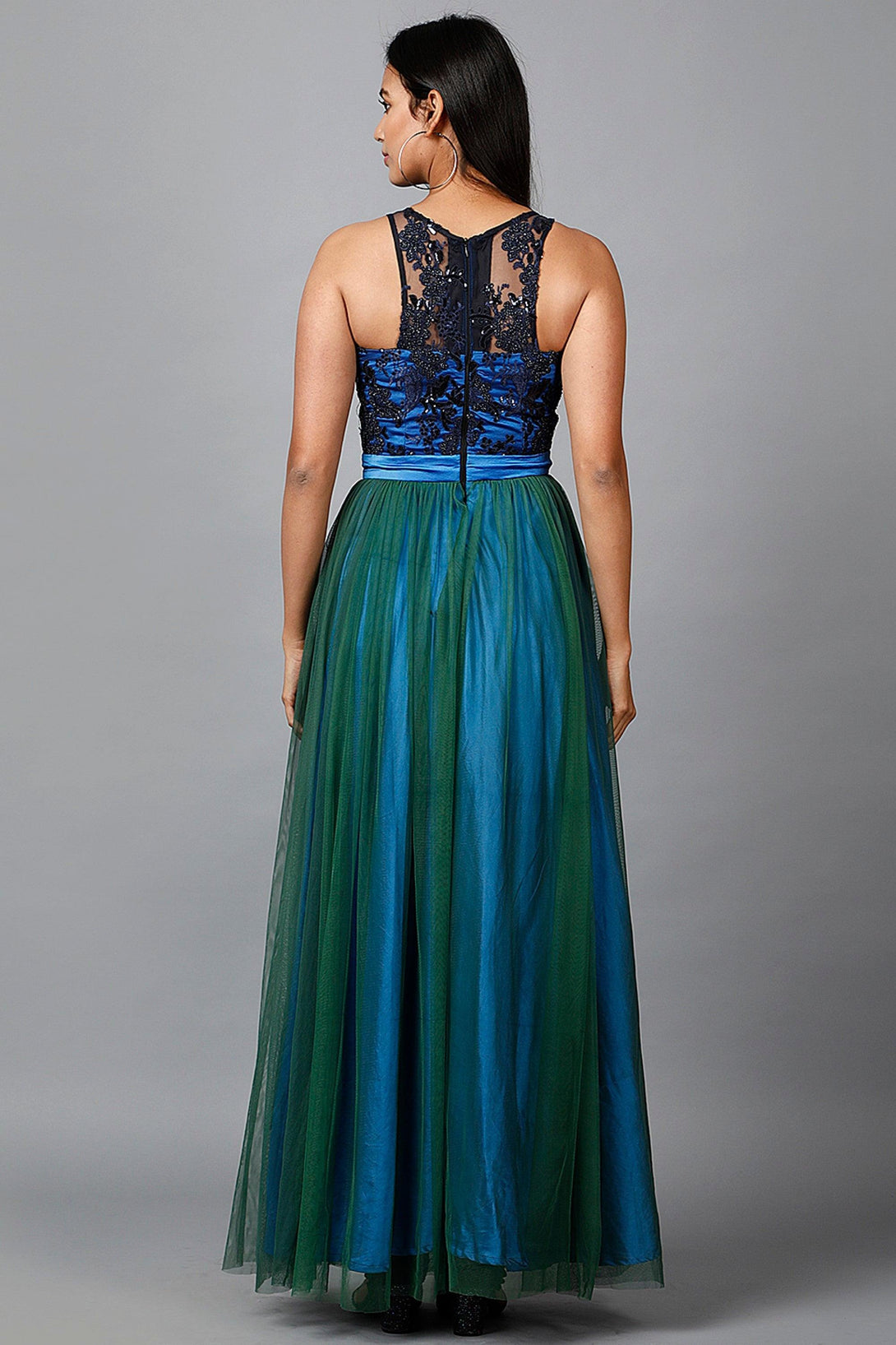 Women's Blue Green Net Gown - MIRACOLOS by Ruchi - Indiakreations